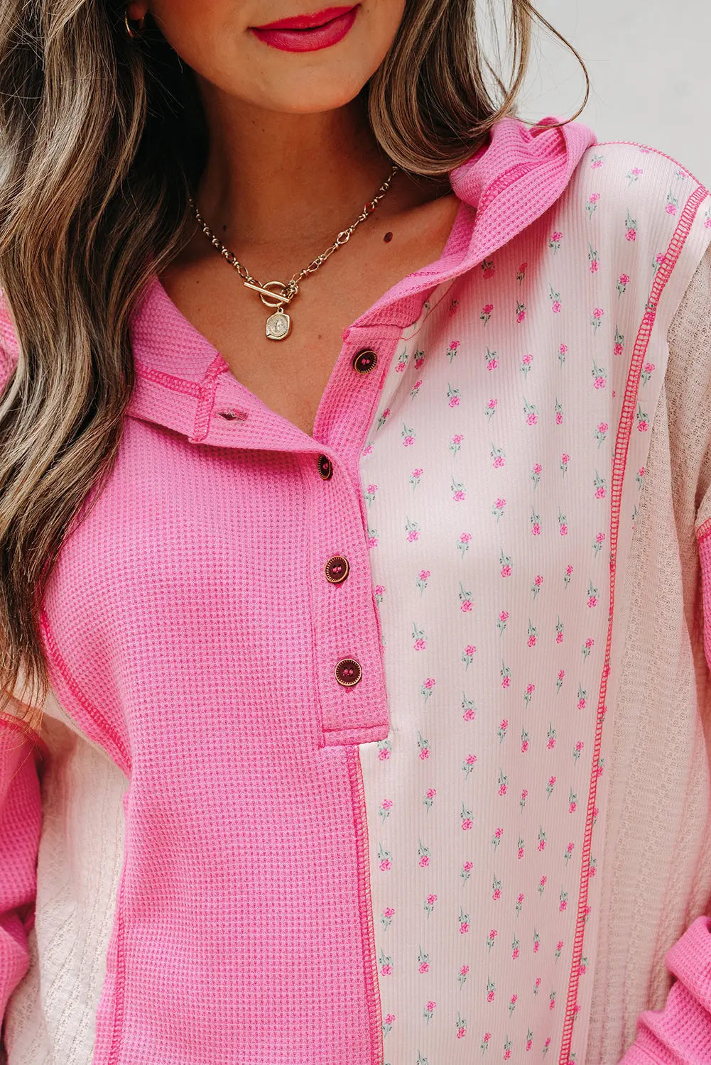 Pink Mixed Texture Waffle Floral Patchwork Hooded Oversize Pullover Dear-Lover Dropshipping