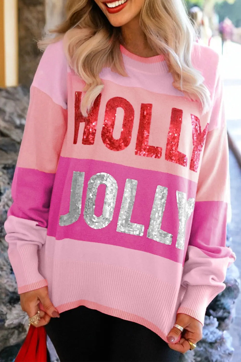 Pink Sequined HOLLY JOLLY Color Block Crew Neck Sweater Dear-Lover Dropshipping