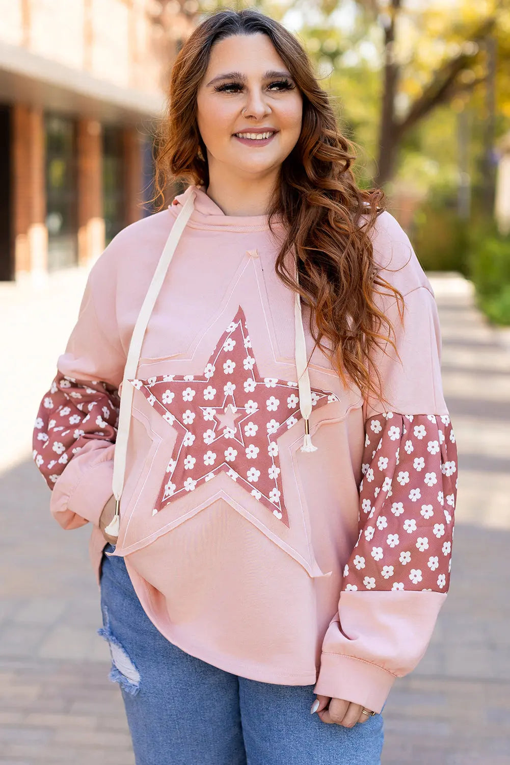Delicacy Star Patch Graphic Floral Color Block Drawstring Plus Size Hoodie Dear-Lover Dropshipping