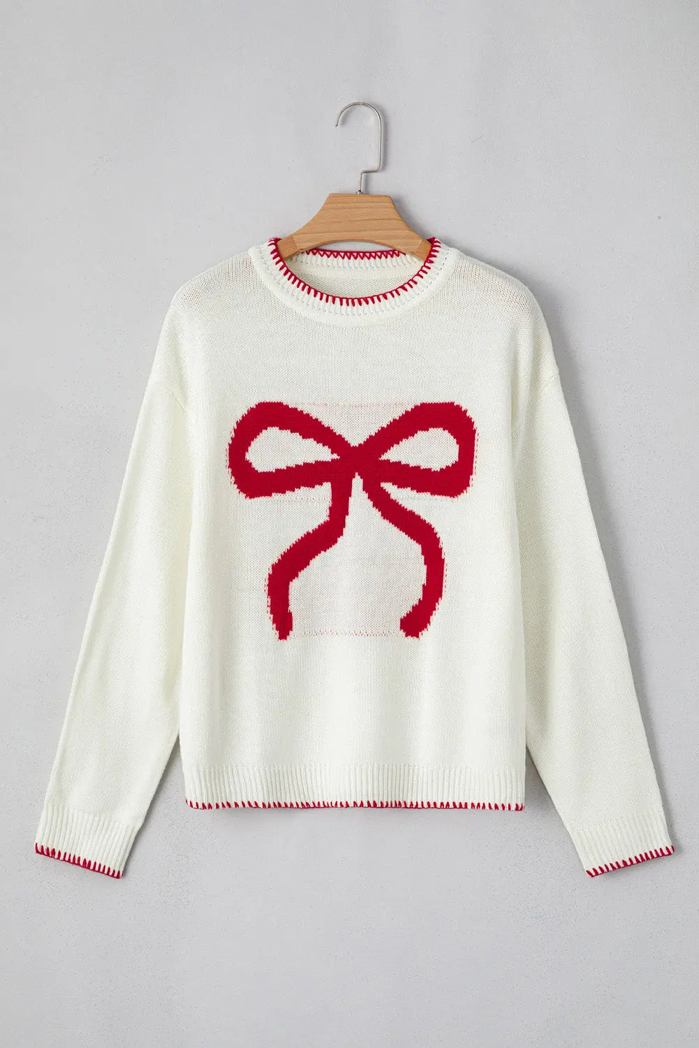 White Bow Pattern Contrast Trim Christmas Loose Graphic Sweater Dear-Lover Dropshipping