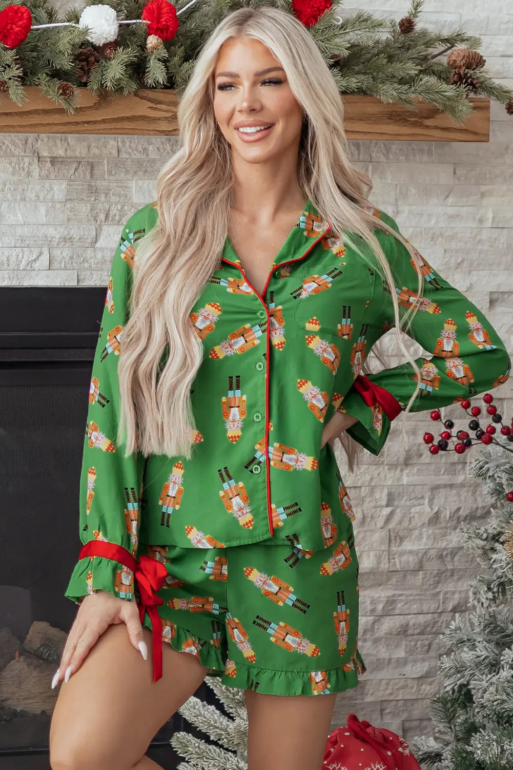Green Christmas Candy Contrast Trim Bow Knot Silky 2pcs Pajama Set Dear-Lover Dropshipping