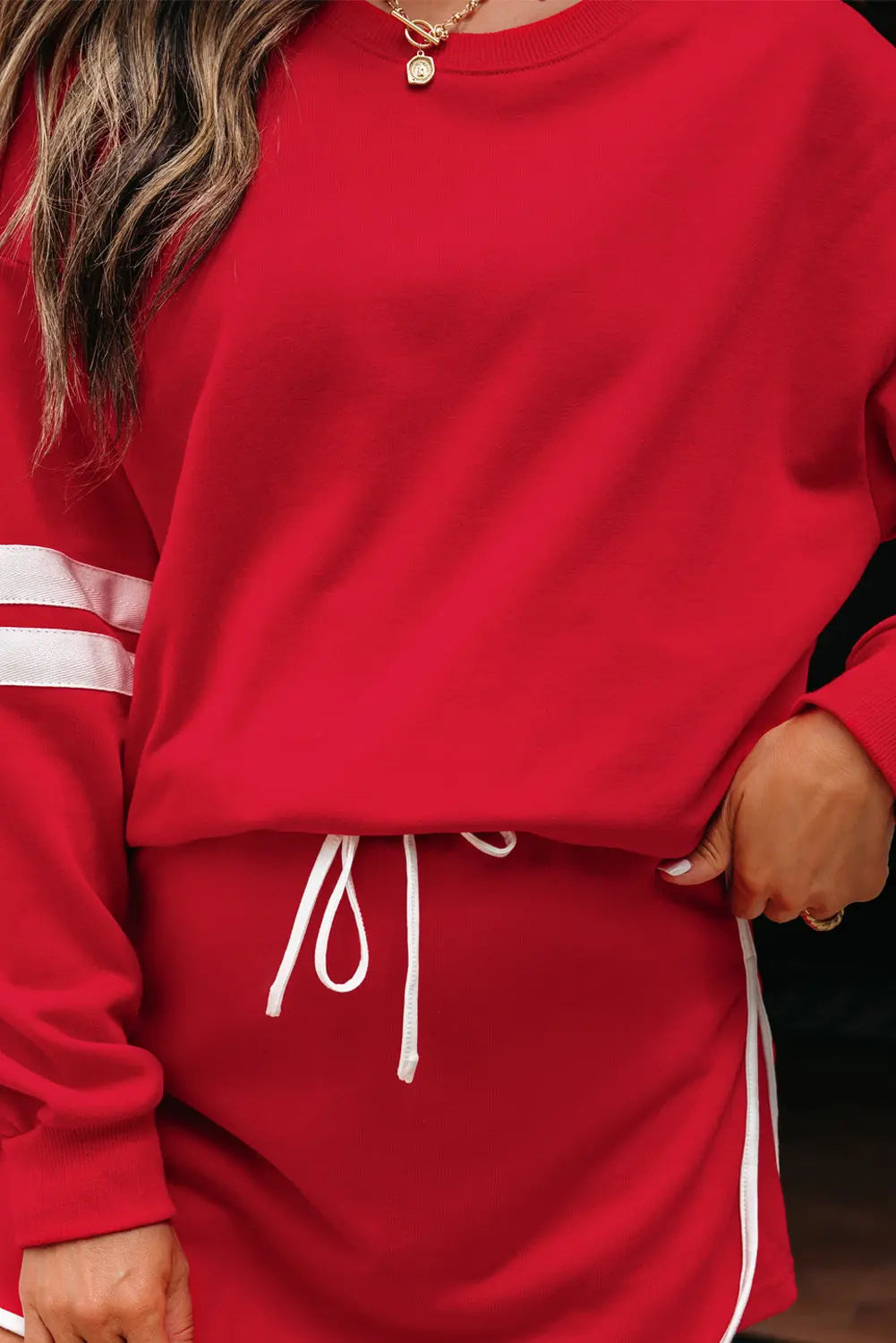 Fiery Red Varsity Stripe Detail Drop Shoulder Pullover Mini Skirt Set Dear-Lover Dropshipping