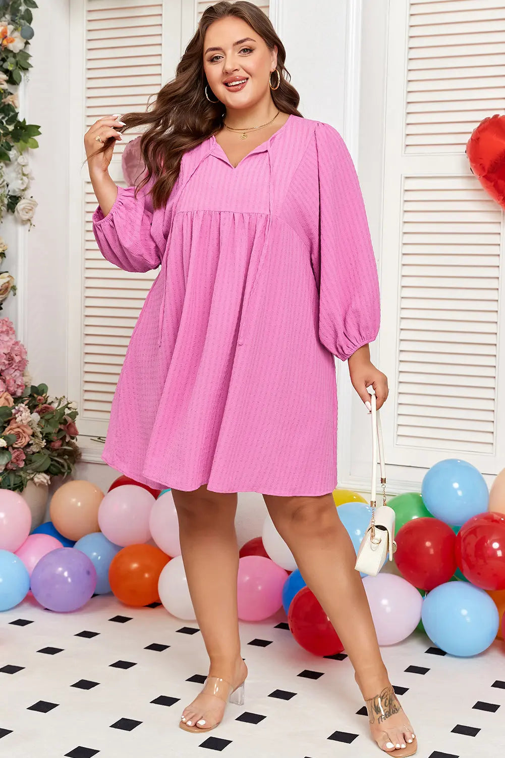 Sachet Pink Plus Size Textured Tie Split Neck Puff Sleeve Flowy Mini Dress Dear-Lover Dropshipping