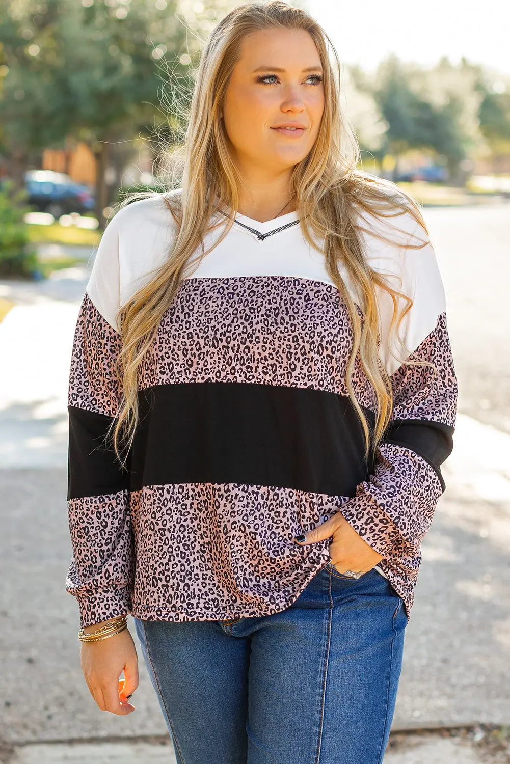 Black Leopard Print Colorblock V Neck Long Sleeve Plus Size Top Dear-Lover Dropshipping