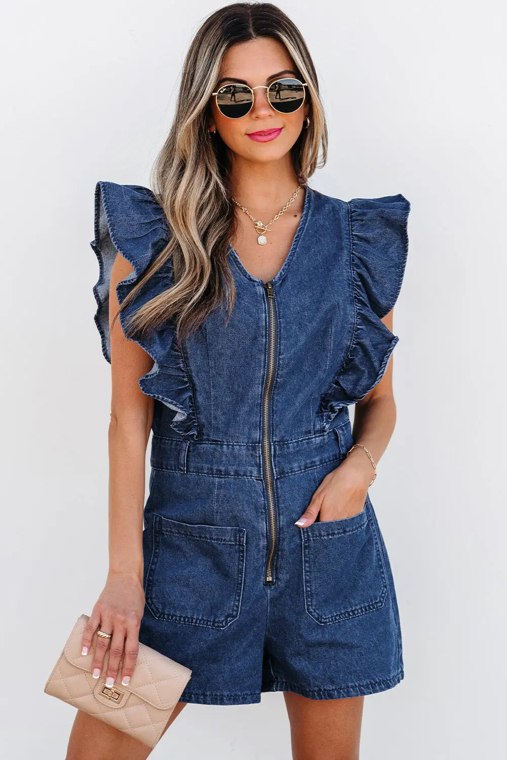 Sail Blue Denim Ruffled Zipped Front Belted Romper Dear-Lover Dropshipping