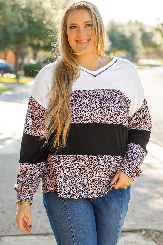 Black Leopard Print Colorblock V Neck Long Sleeve Plus Size Top Dear-Lover Dropshipping
