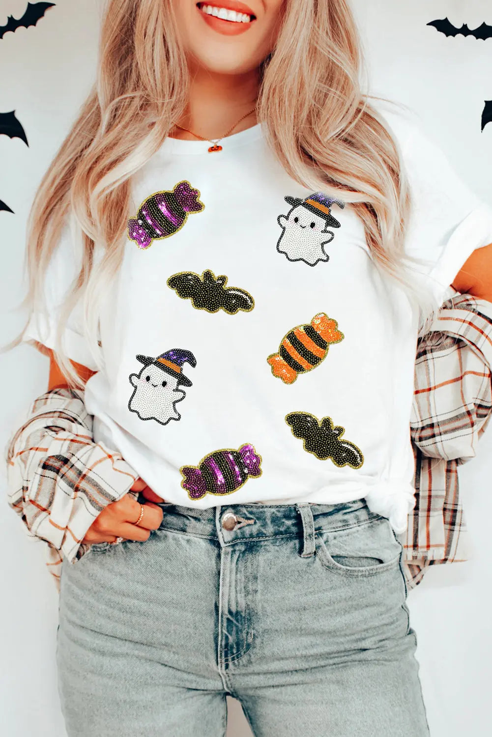 White Sequined Halloween Spirit Pattern Patched Custom Casual Tee Dear-Lover Dropshipping