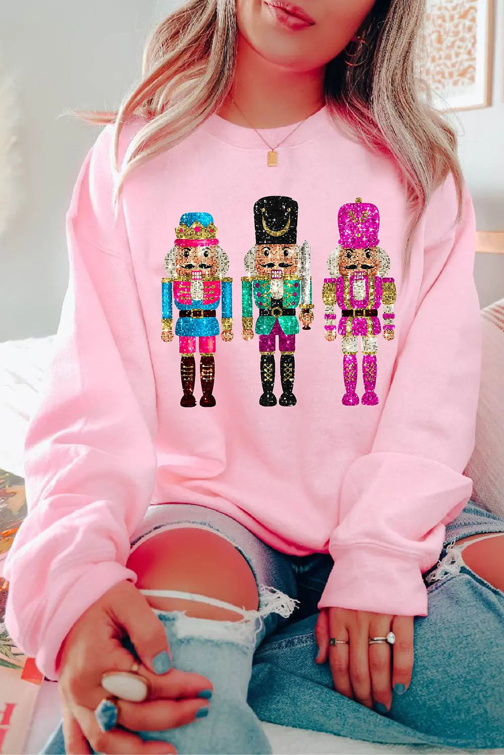 Pink Cute Nutcracker Printed Drop Shoulder Christmas Sweatshirt Dear-Lover Dropshipping