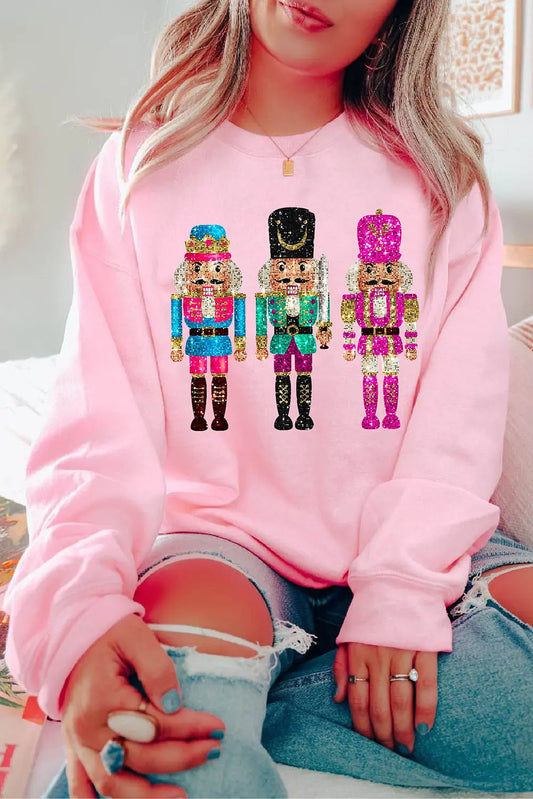 Pink Cute Nutcracker Printed Drop Shoulder Christmas Sweatshirt Dear-Lover Dropshipping