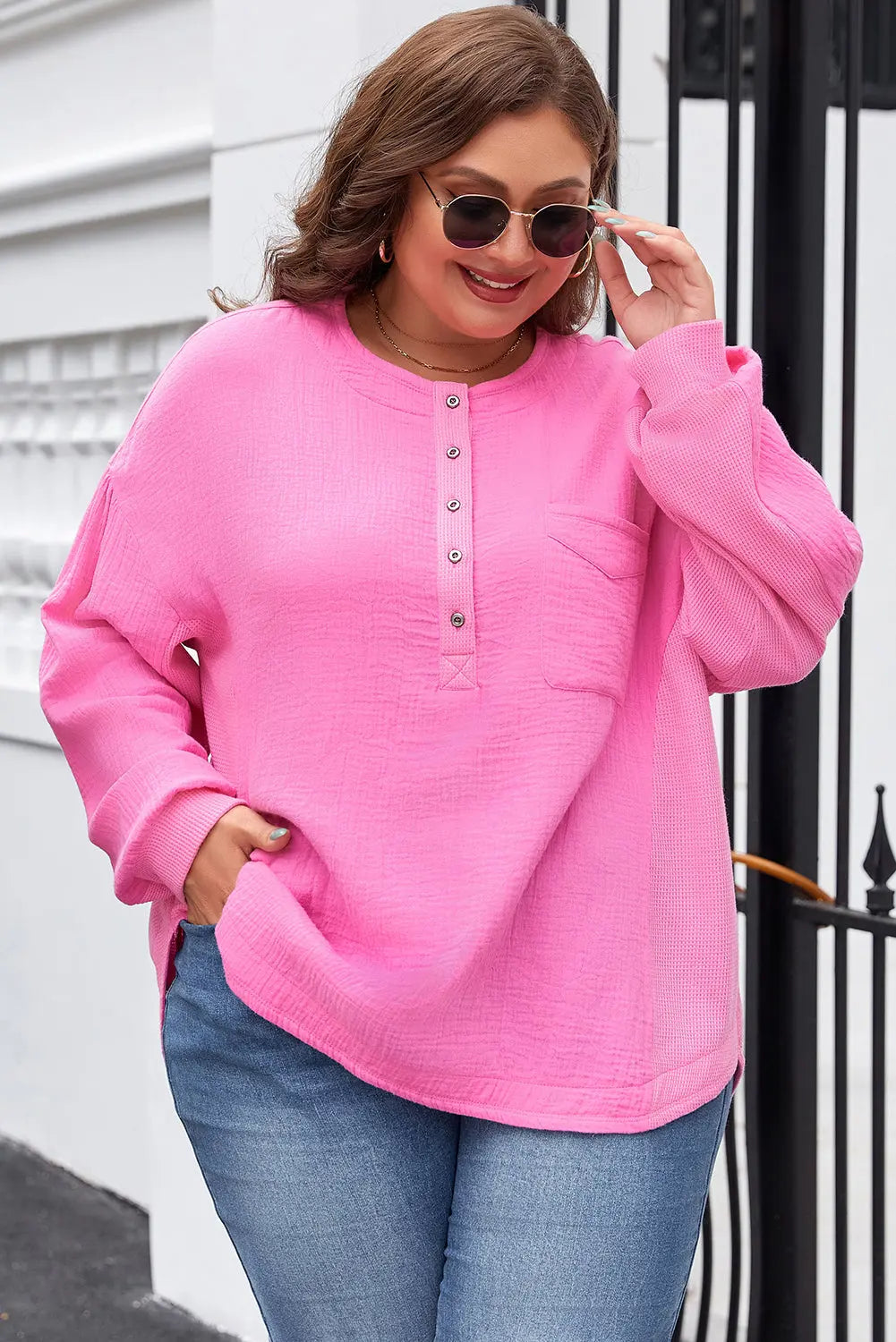Bonbon Half Buttons Chest Pocket Drop Sleeve Plus Size Top Dear-Lover Dropshipping