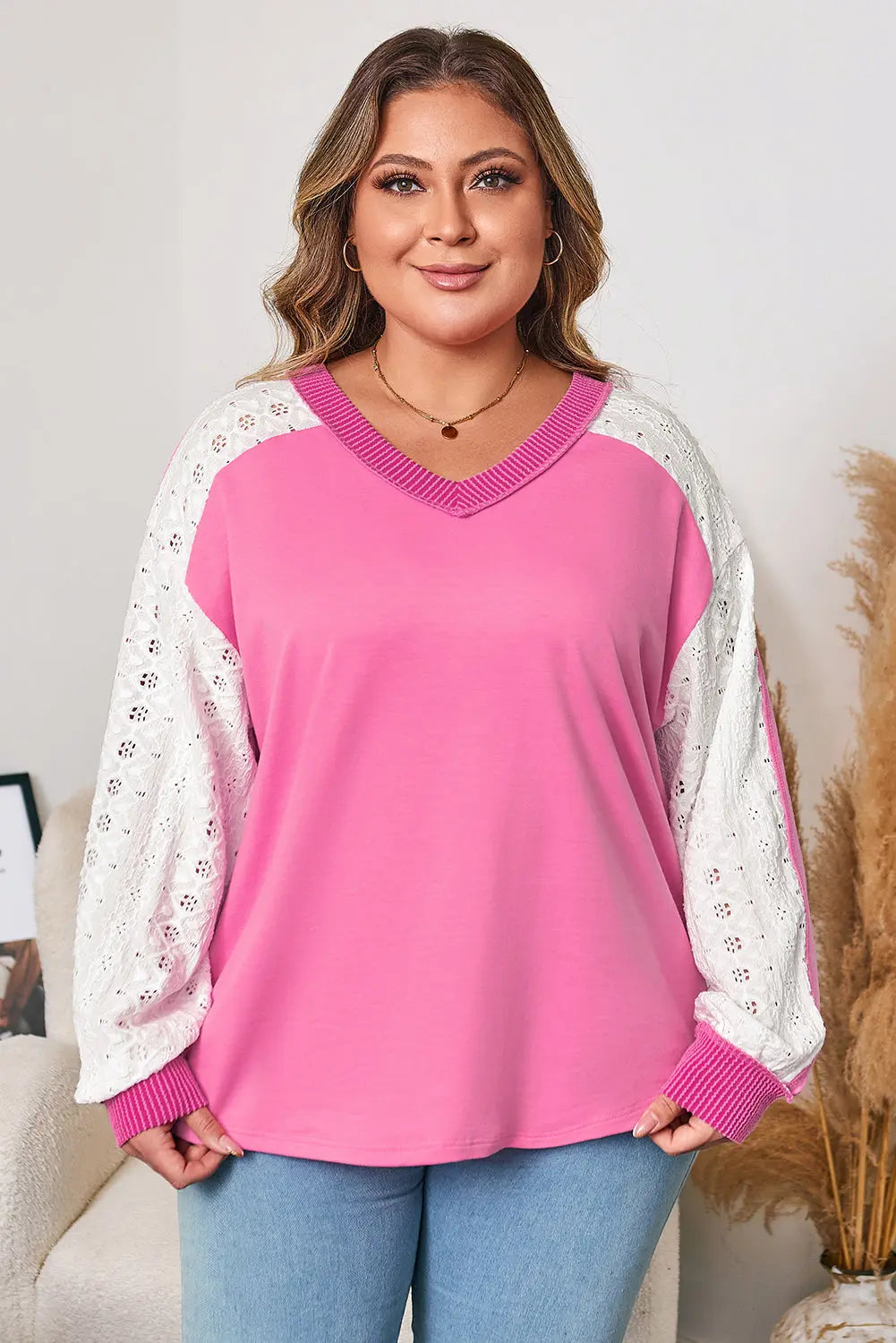Bonbon Lace Striped Patchwork Long Sleeve Corded V Neck Plus Size Top Dear-Lover Dropshipping