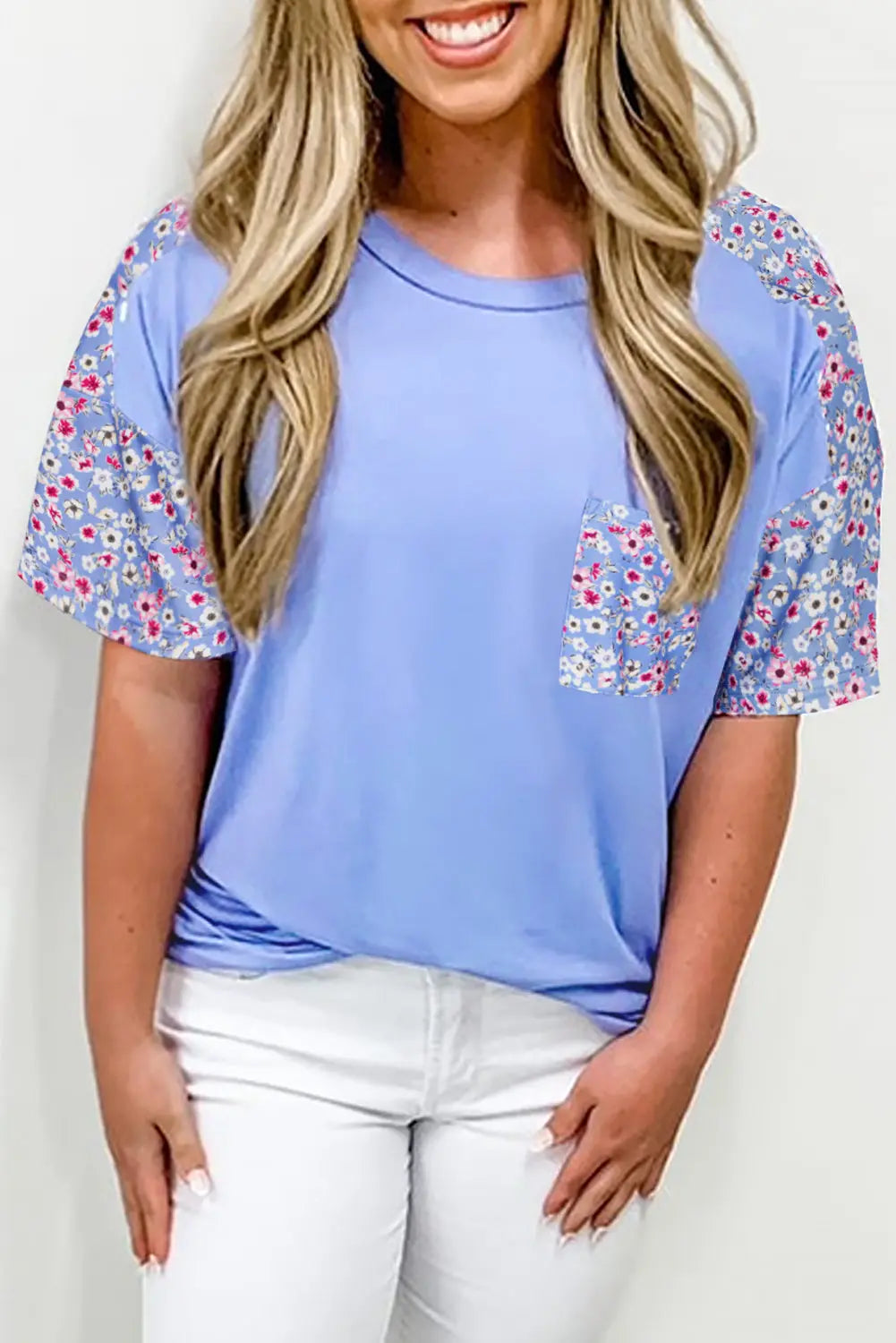 Sky Blue Floral Patchwork Chest Pocket Crewneck Plus Size T Shirt Dear-Lover Dropshipping