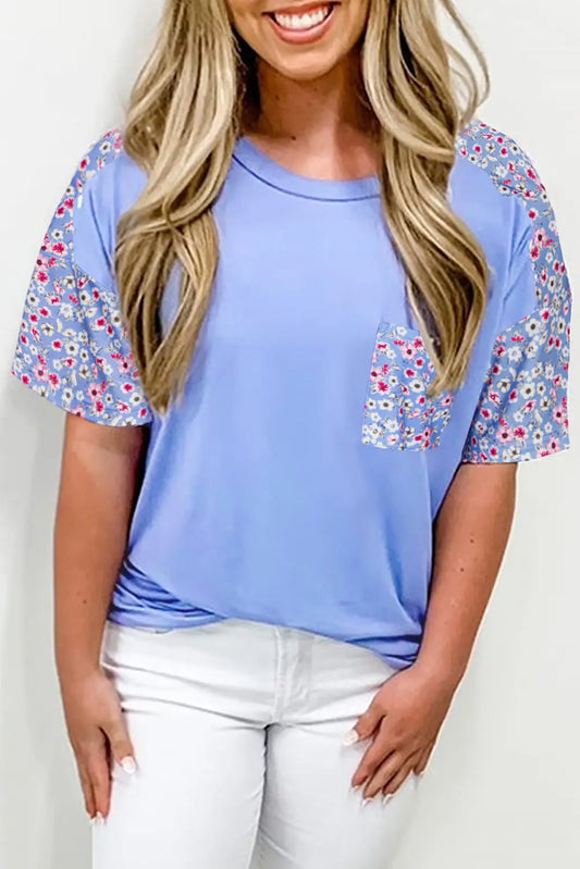 Sky Blue Floral Patchwork Chest Pocket Crewneck Plus Size T Shirt Dear-Lover Dropshipping