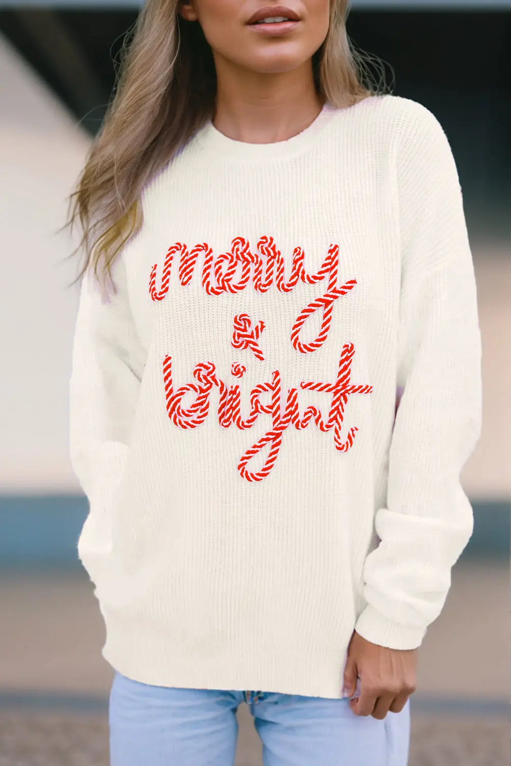 White Striped Merry Bright Letter Christmas Sweater Dear-Lover Dropshipping