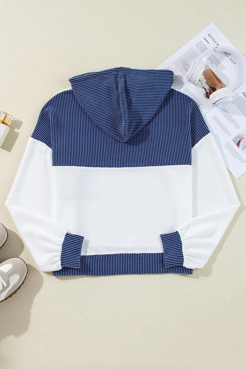 White Corded Colorblock Patch Pocket Drawstring Hooded Top Dear-Lover Dropshipping