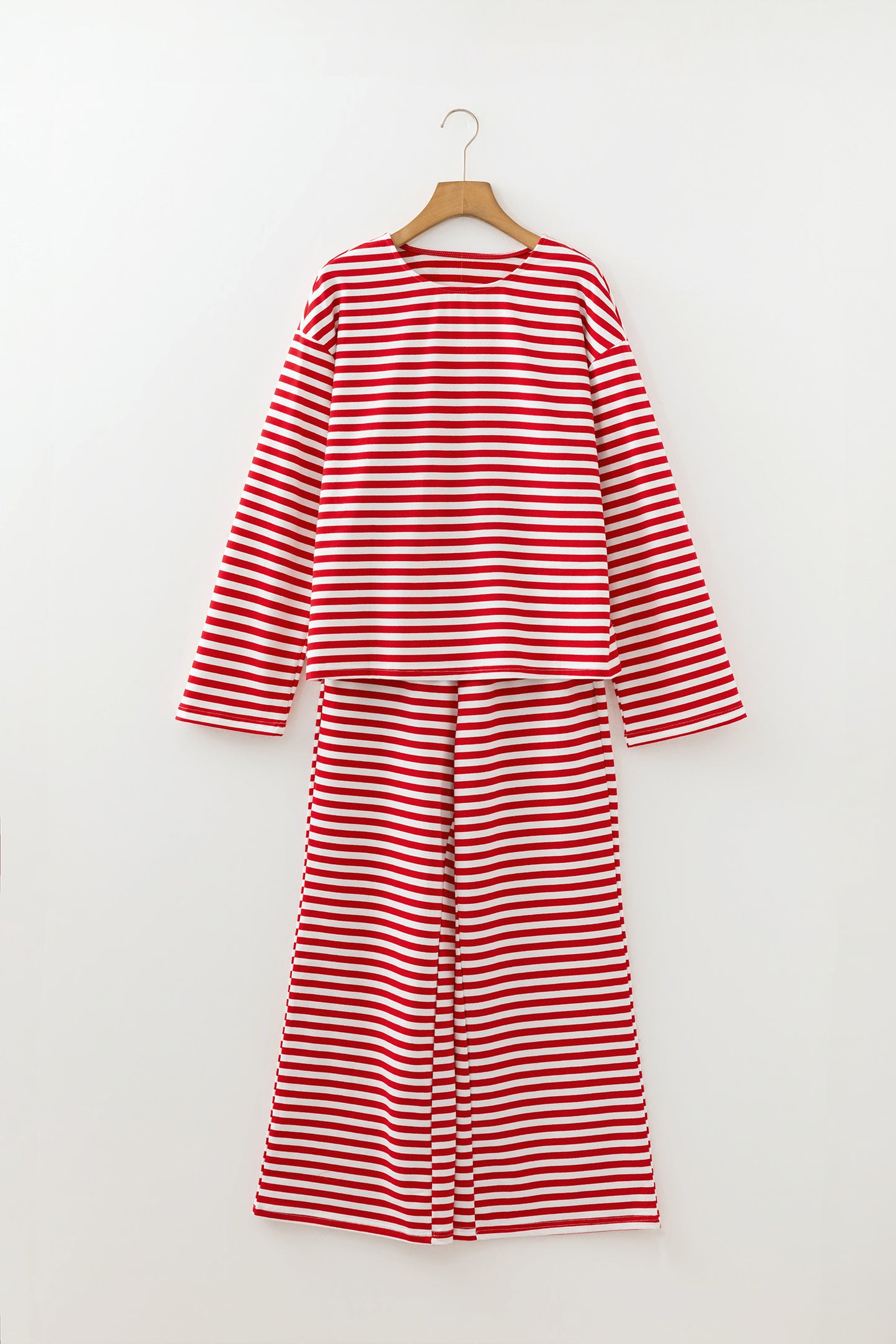 Red Stripe Drop Shoulder Long Sleeve Top Lounge Pants 2pcs Set
