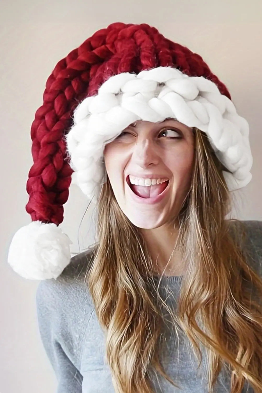 Red Dahlia Color Block Pom Pom Decor Chunky Knitted Christmas Hat Dear-Lover Dropshipping