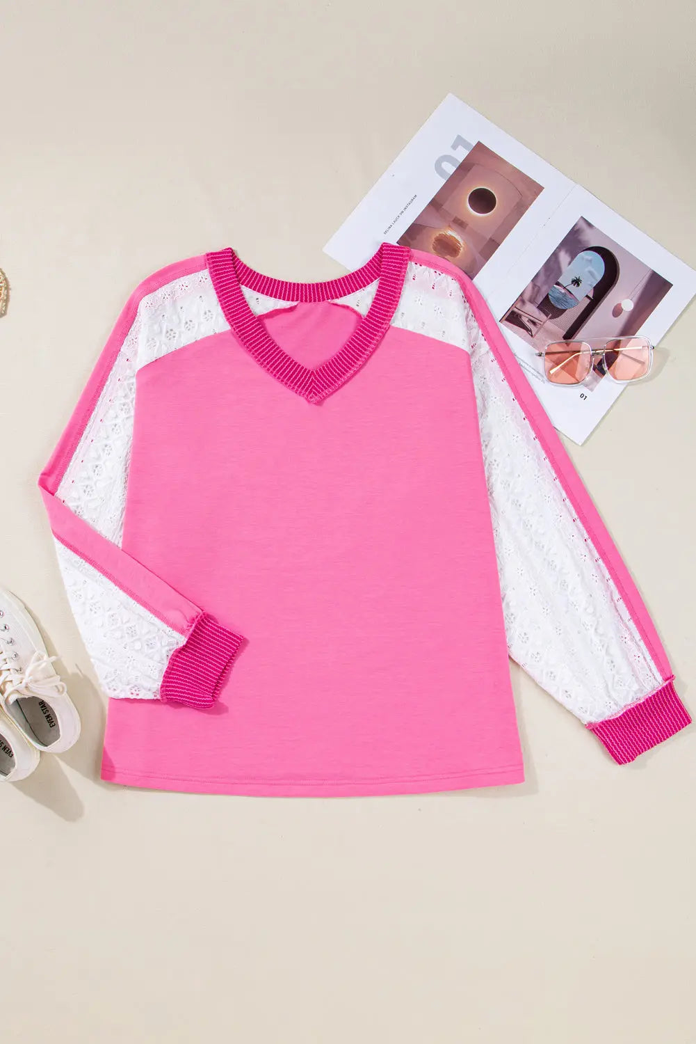 Bonbon Lace Striped Patchwork Long Sleeve Corded V Neck Plus Size Top Dear-Lover Dropshipping