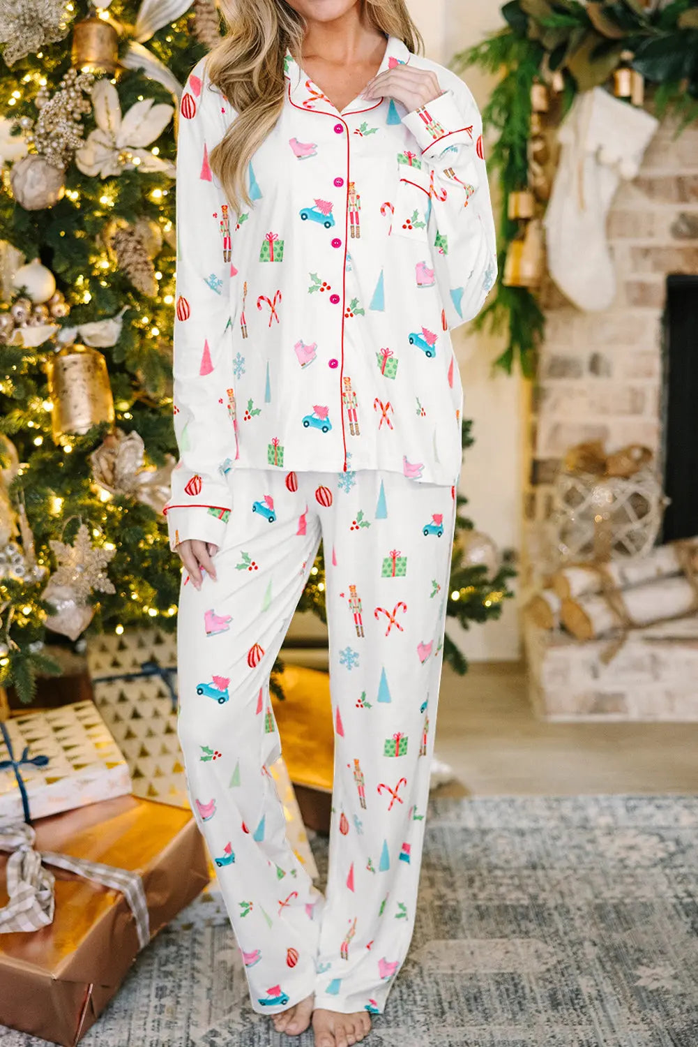 White Christmas Print Lapel Shirt and Pants Sleepwear Dear-Lover Dropshipping