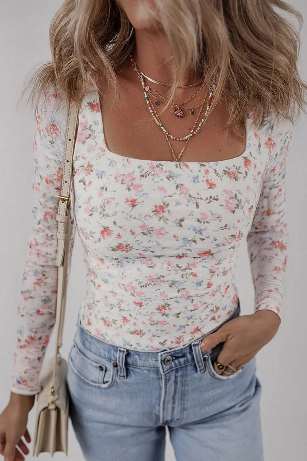 White Floral Print Textured Square Neck Slim Fit Long Sleeve Top Dear-Lover Dropshipping