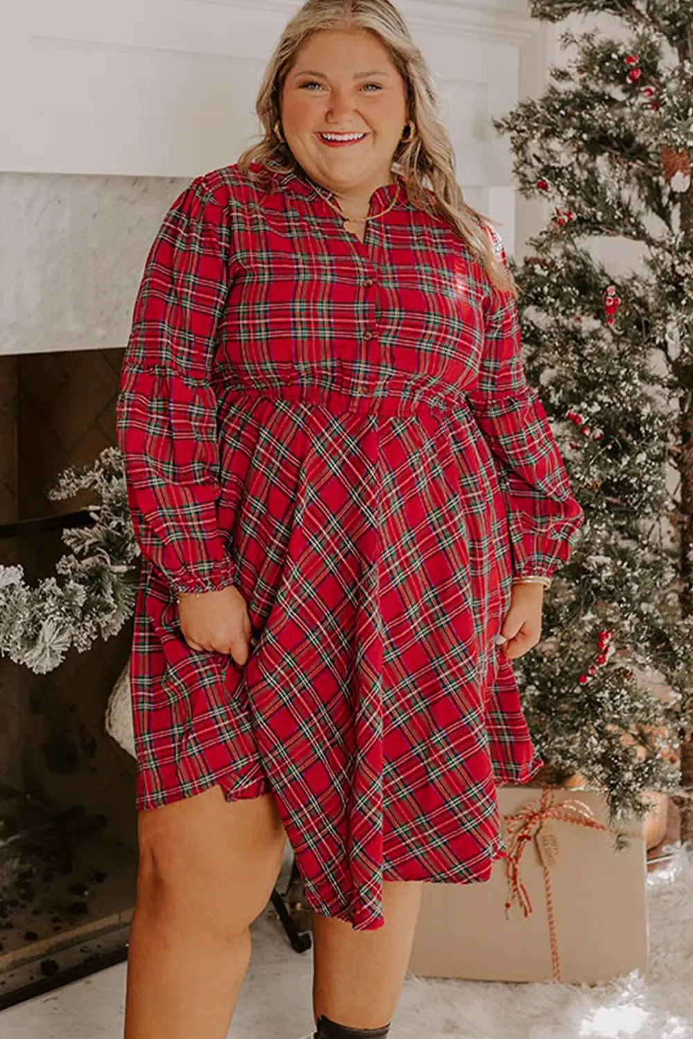 Red Plus Size Plaid Half Button Long Sleeve Holiday Dress Dear-Lover Dropshipping