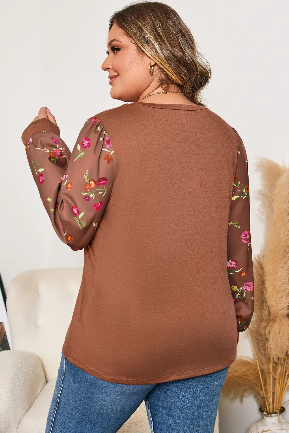 Brown Floral Sleeve Patchwork Round Neck Plus Blouse Dear-Lover Dropshipping