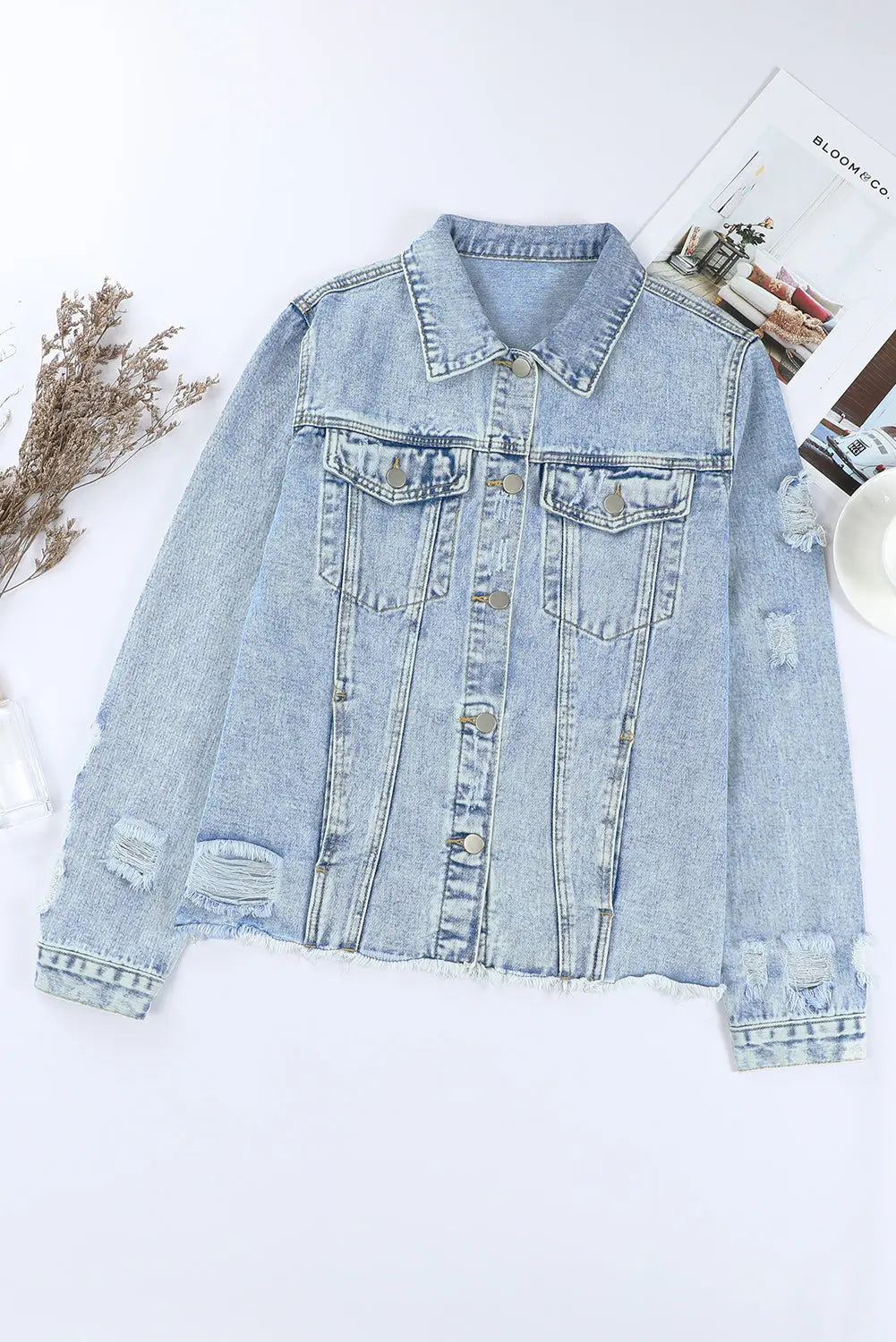 Sky Blue Lapel Distressed Raw Hem Buttons Denim Jacket Dear-Lover Dropshipping