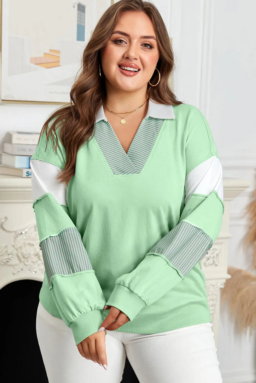 Moonlight Jade Color Block Striped Patchwork Collar V Neck Plus Size Sweatshirt Dear-Lover Dropshipping