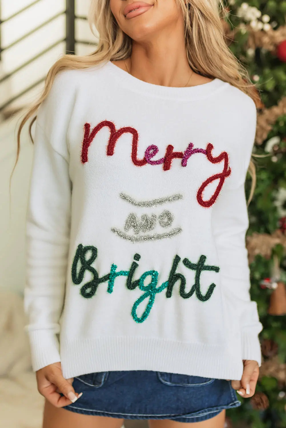 White Tinsel Merry and Bright Graphic Christmas Sweater Dear-Lover Dropshipping