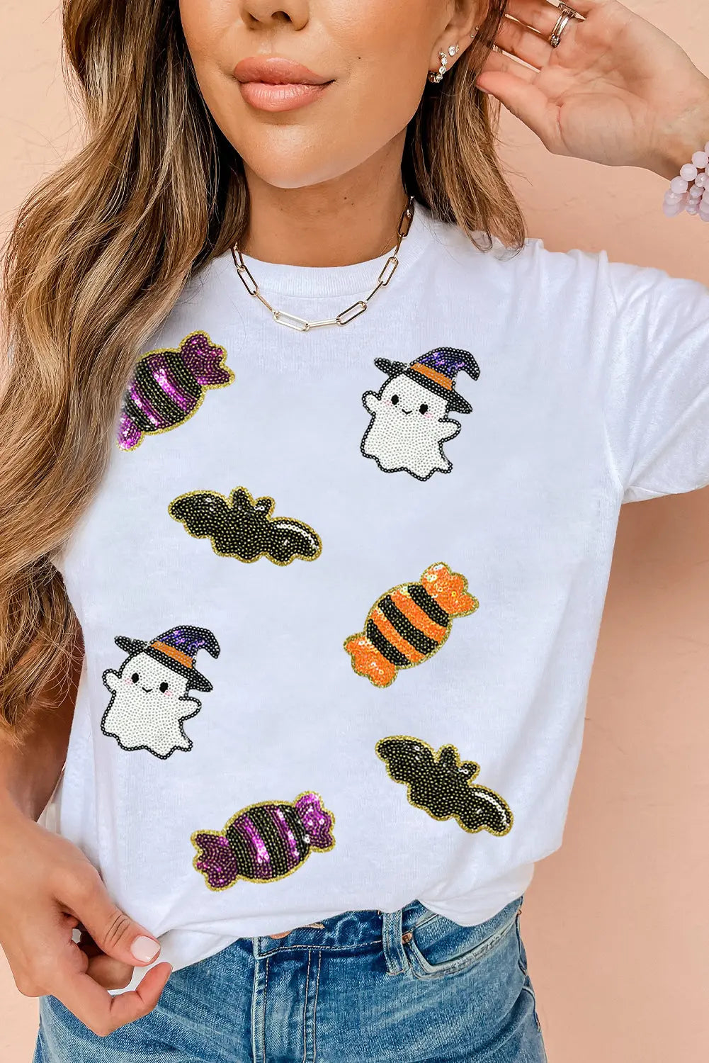 White Sequined Halloween Spirit Pattern Patched Custom Casual Tee Dear-Lover Dropshipping
