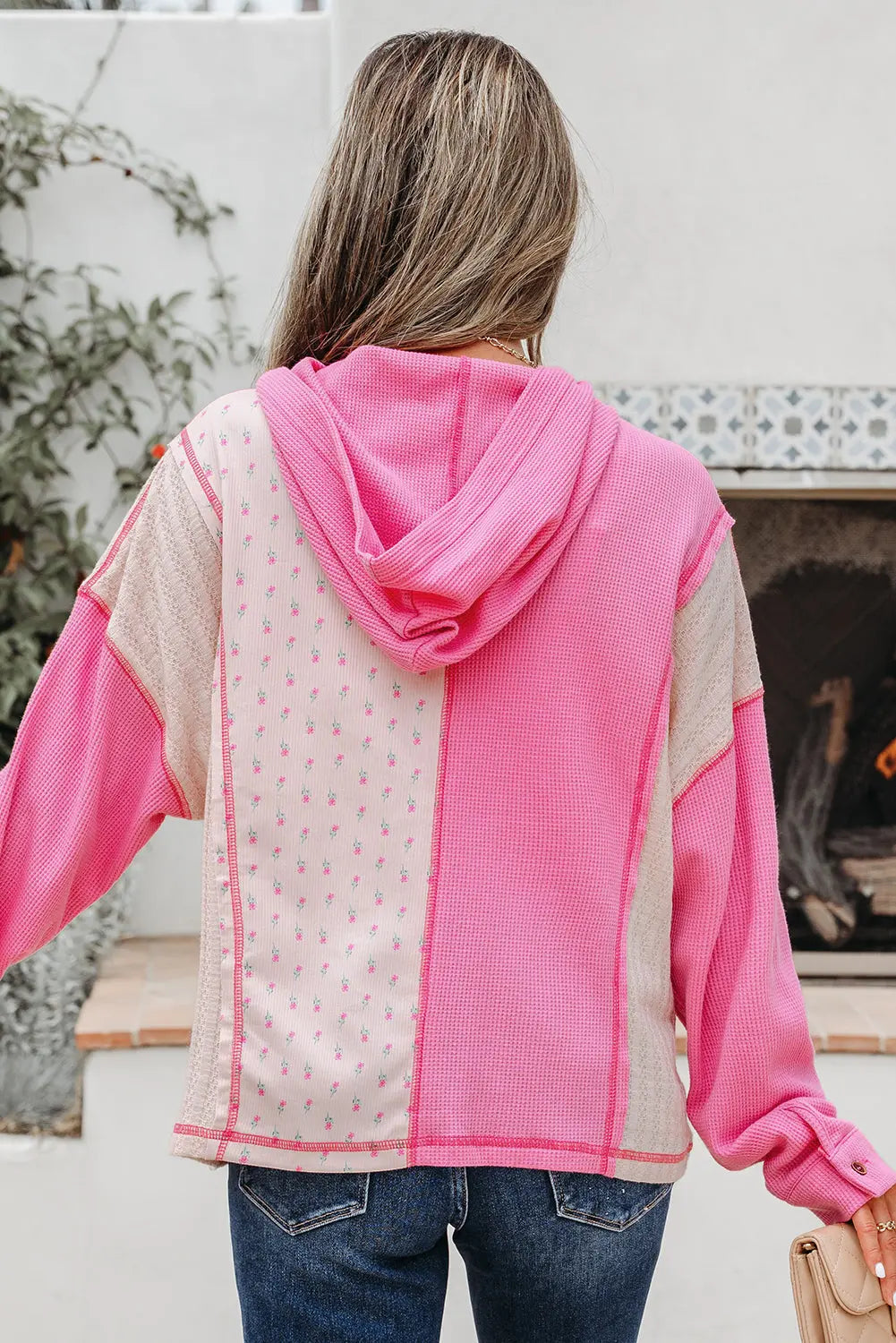 Pink Mixed Texture Waffle Floral Patchwork Hooded Oversize Pullover Dear-Lover Dropshipping