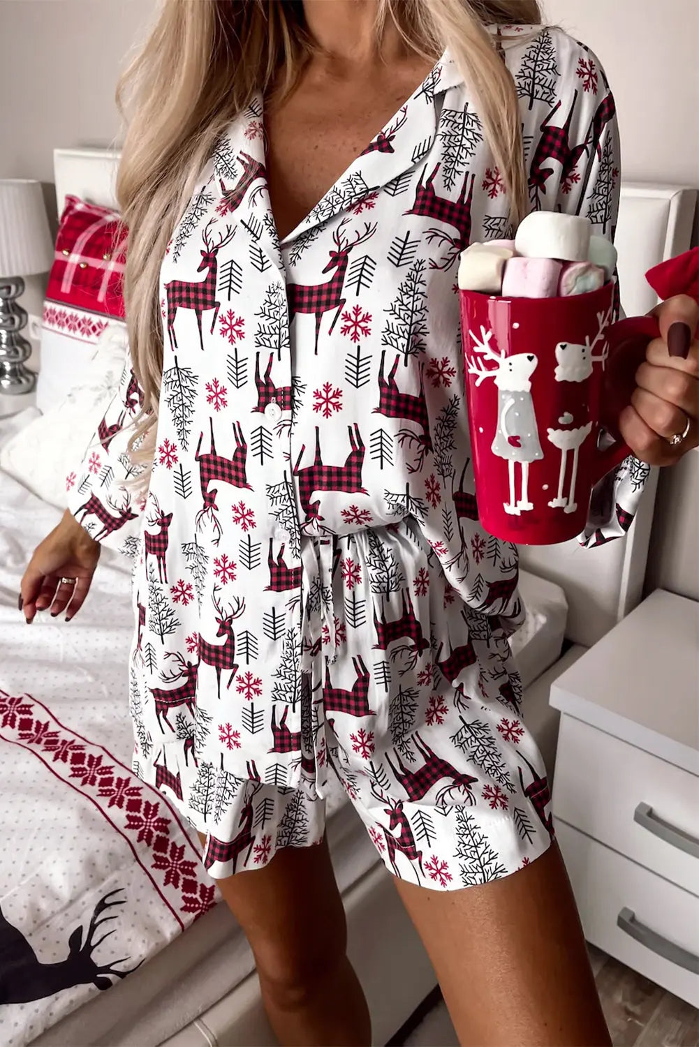 White Christmas Deer Printed Shirt and Shorts Lounge Set Dear-Lover Dropshipping