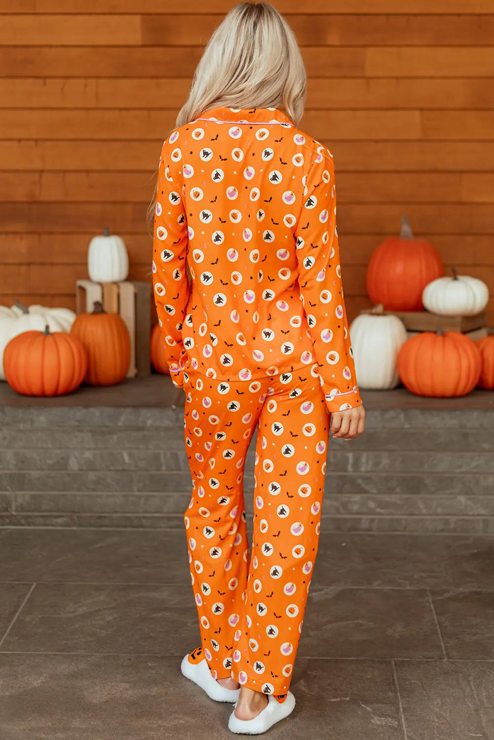 Orange Halloween Print Lapel Shirt Long 2pcs Pajama Set Dear-Lover Dropshipping