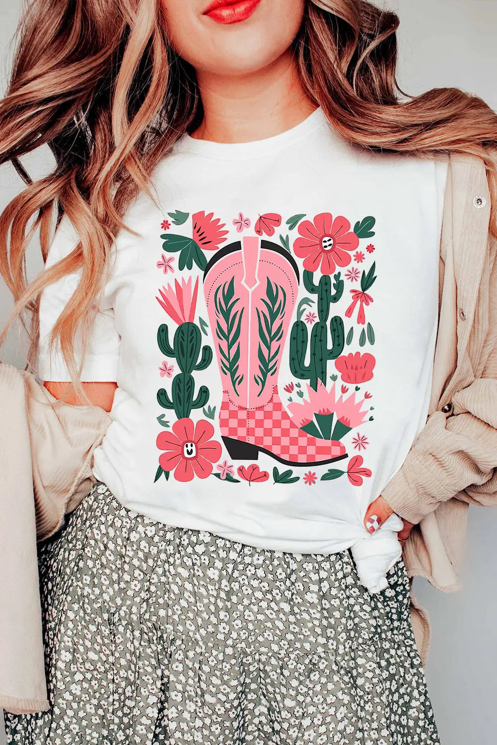 White Western Boots Flower Print Round Neck T Shirt Dear-Lover Dropshipping