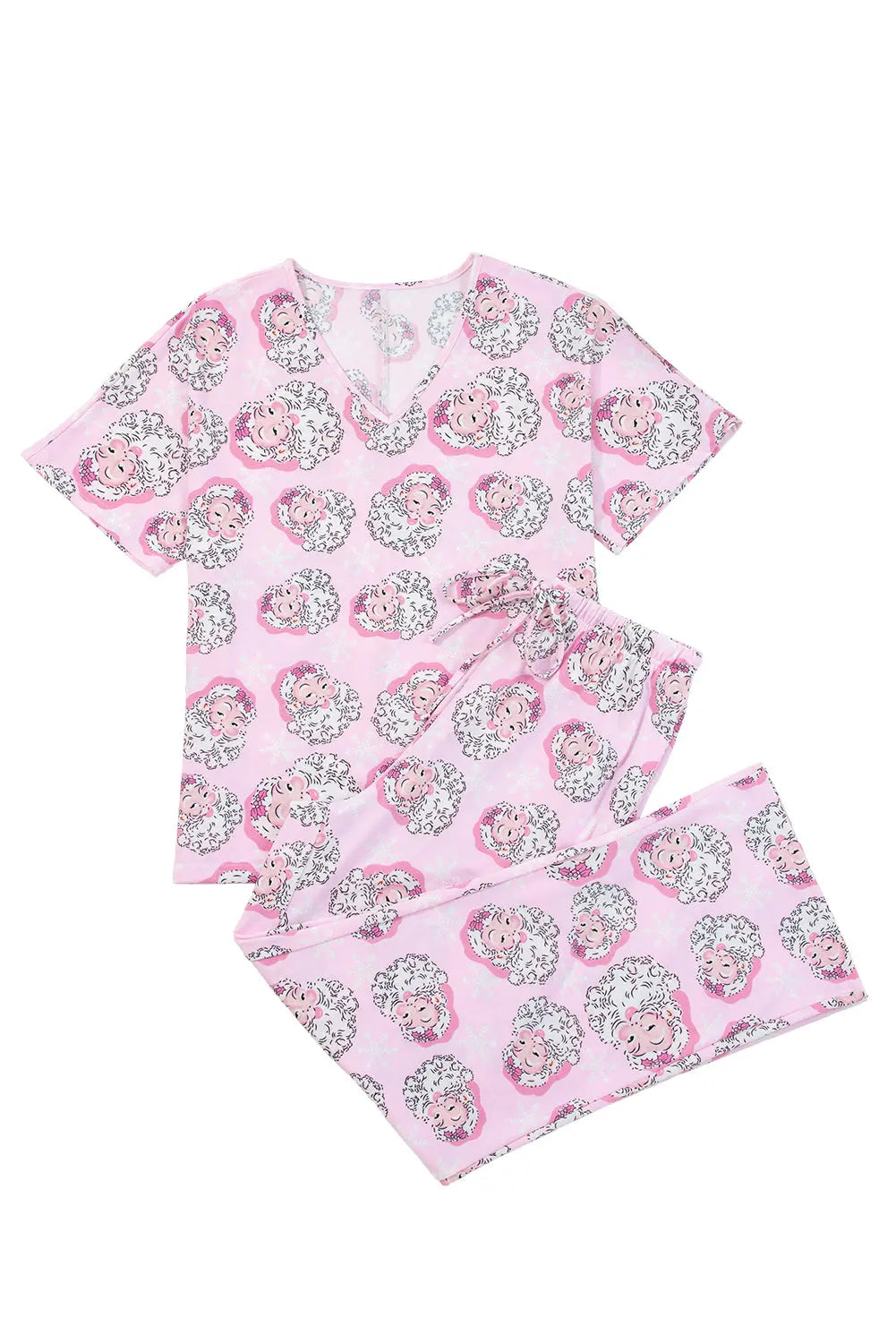 Pink Santa Claus Print V Neck Tee Drawstring Pants 2pcs Lounge Set Dear-Lover Dropshipping