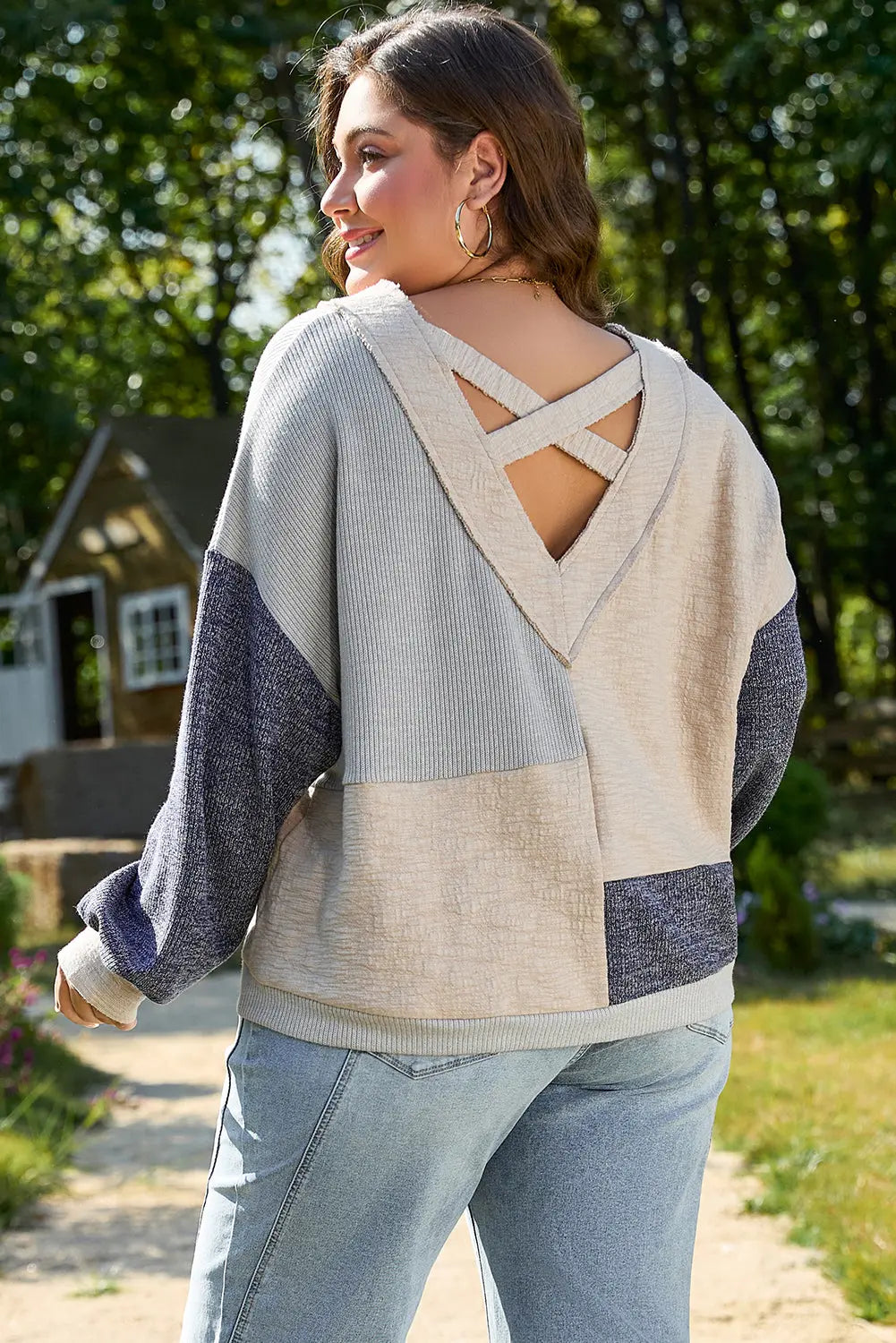 Ashleigh Blue Plus Size Textured Colorblock Patchwork V Neck Top Dear-Lover Dropshipping