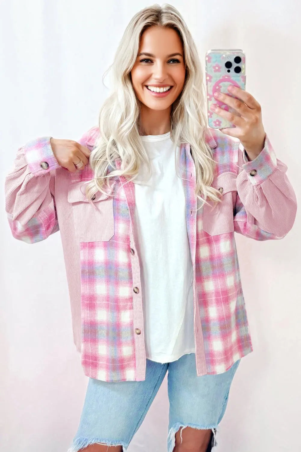 Pink Brushed Plaid Corduroy Flap Pockets Patchwork Shacket Dear-Lover Dropshipping