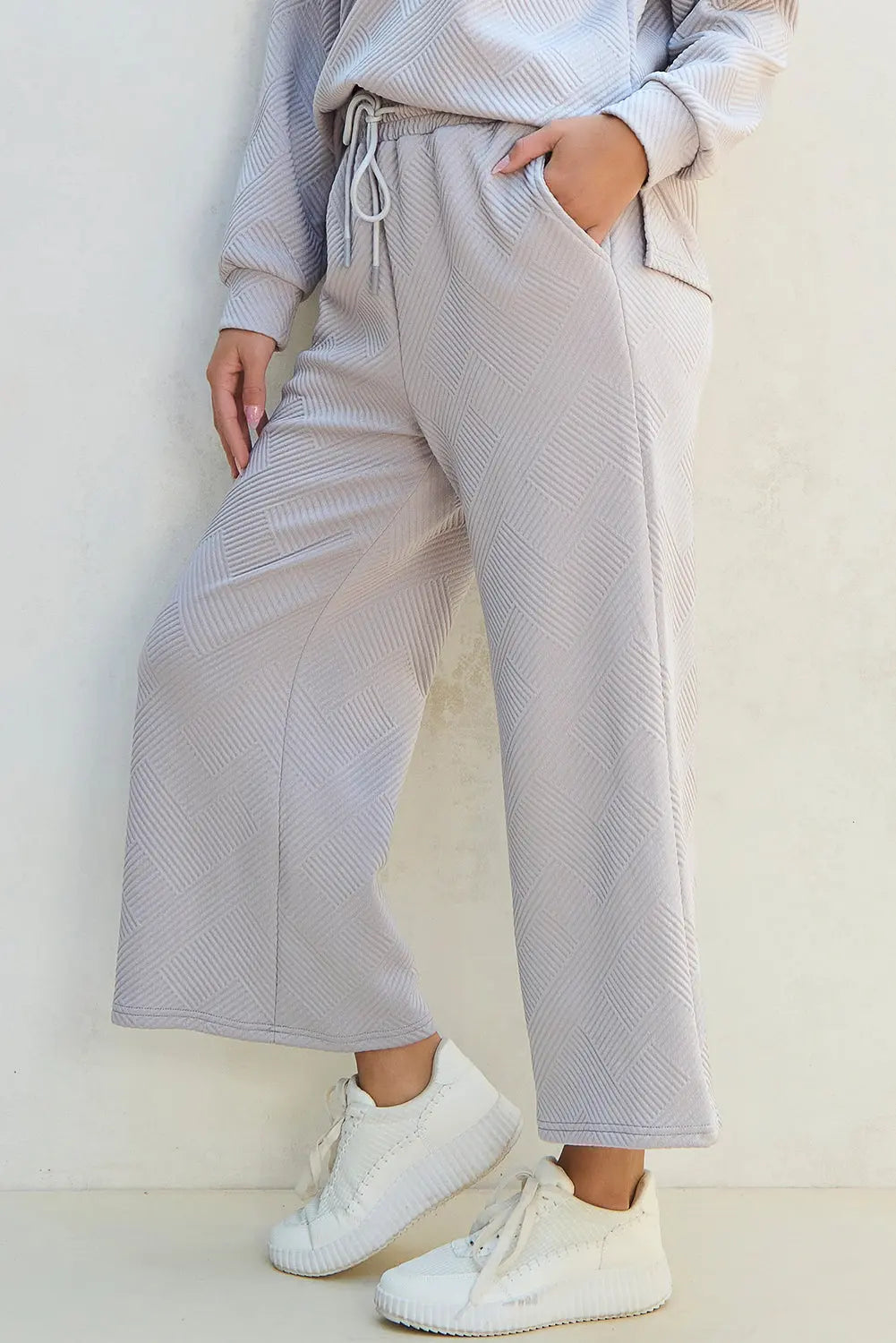 Light Grey Solid Textured Collared V Neck Top and Wide Leg Pants Set Dear-Lover Dropshipping