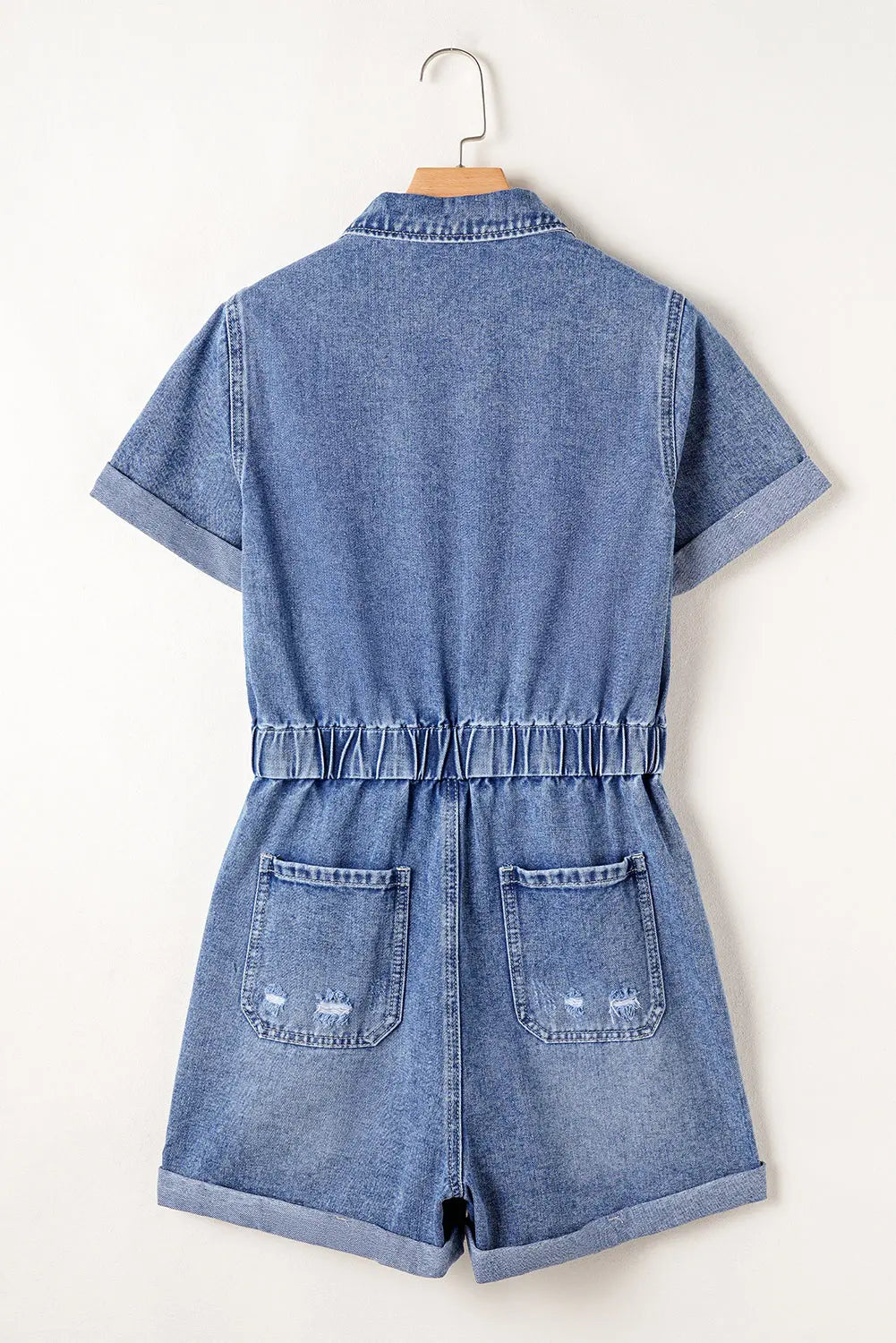Dusk Blue Chest Pocket Front Buttoned Folded Edge Denim Short Sleeve Romper Dear-Lover Dropshipping
