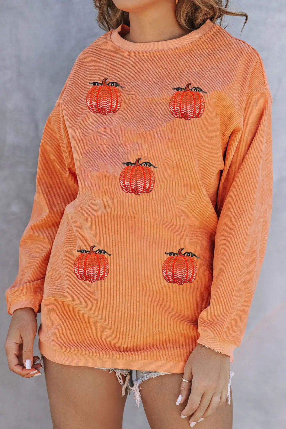 Orange Sequin Pumpkin Patched Twisted Rib Baggy Sweatshirt Dear-Lover Dropshipping