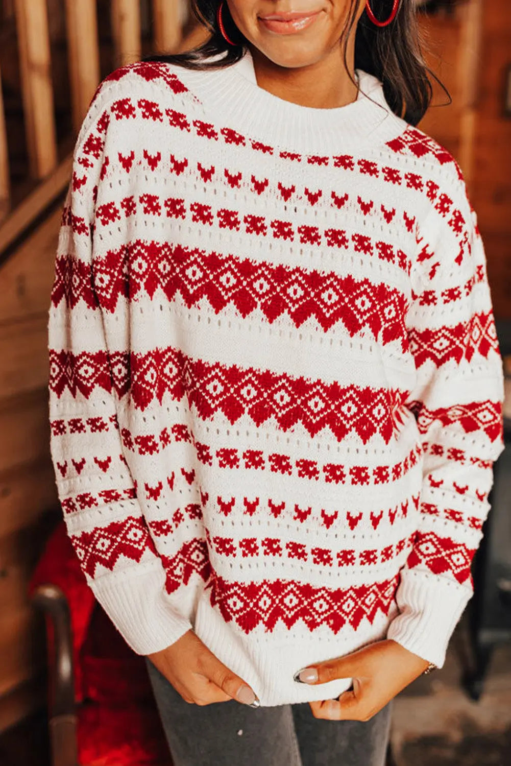 White Western Geometric Patterned Crew Neck Loose Sweater Dear-Lover Dropshipping