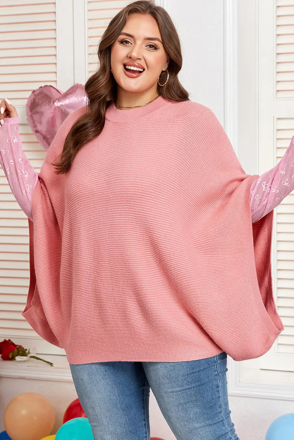 Light Pink Ribbed Knit Half Sleeve Plus Size Poncho Style Sweater Dear-Lover Dropshipping