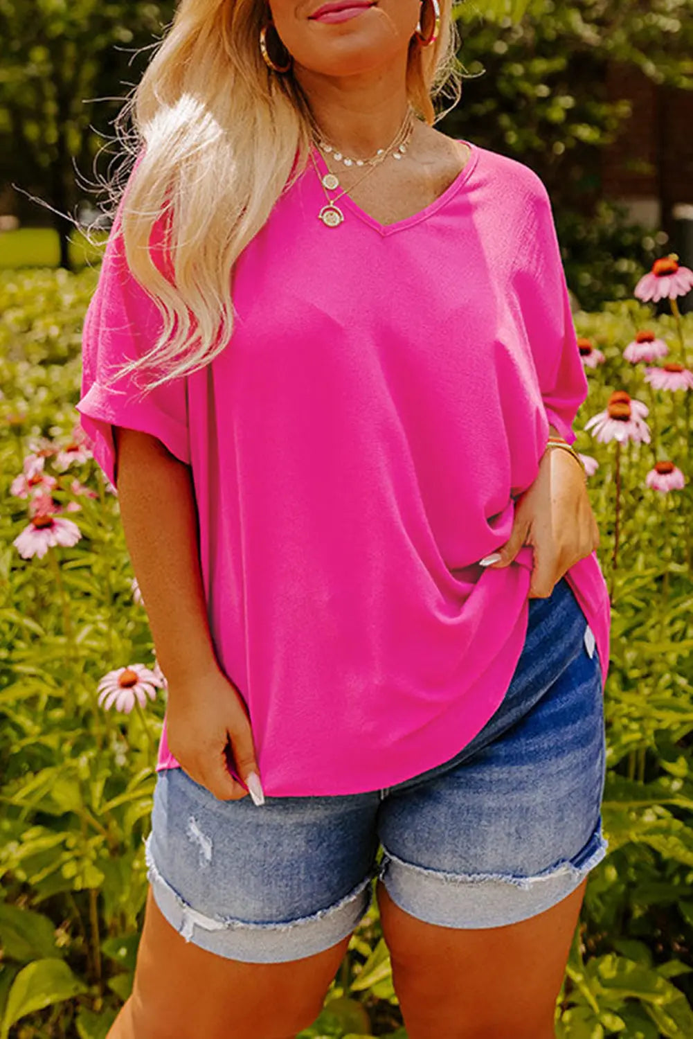 Bright Pink Seamed Back High Low Hem V Neck Cuffed Sleeve Plus Size Tee Dear-Lover Dropshipping