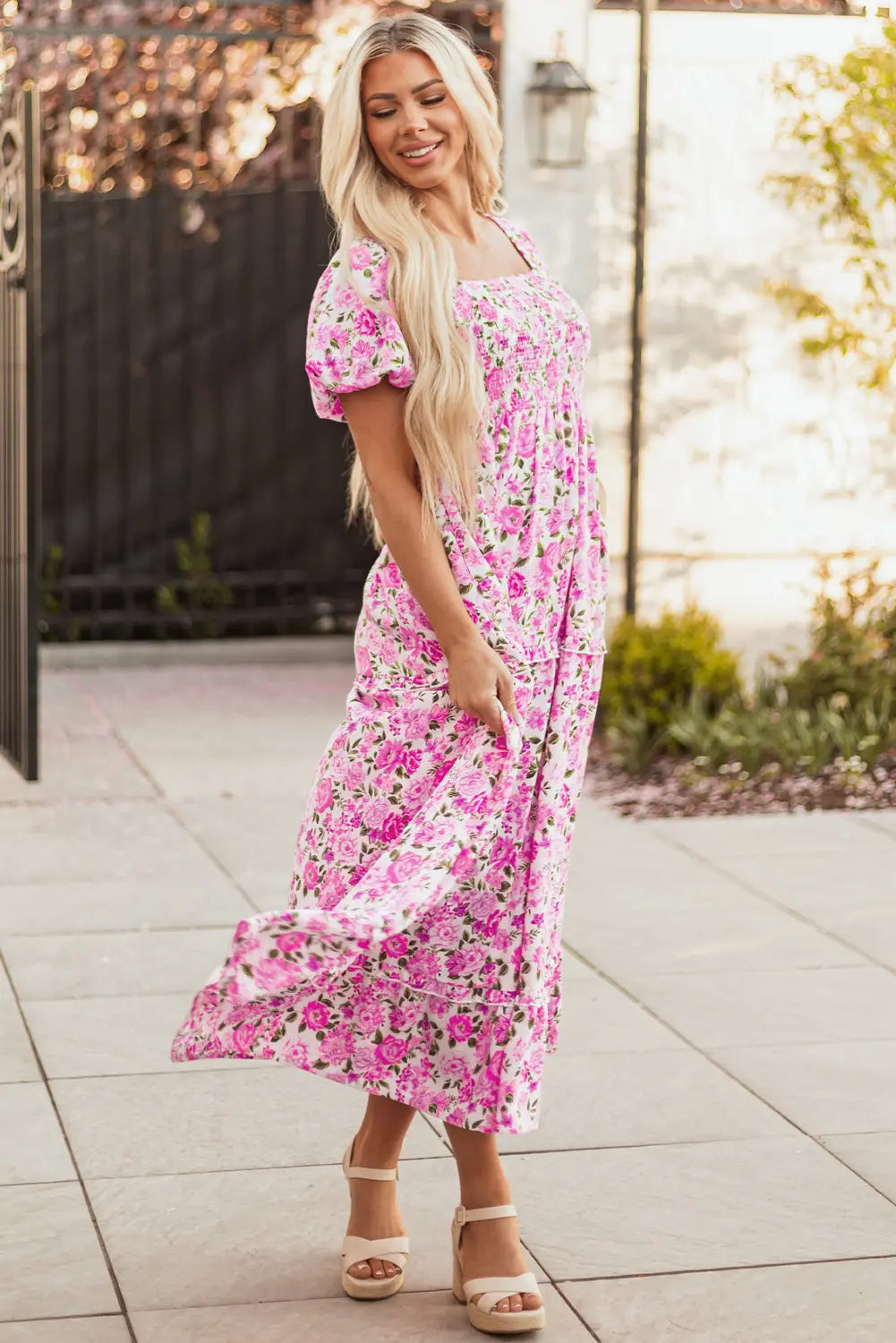 Pink Dainty Floral Smocked Puff Sleeve Flowy Long Dress Dear-Lover Dropshipping