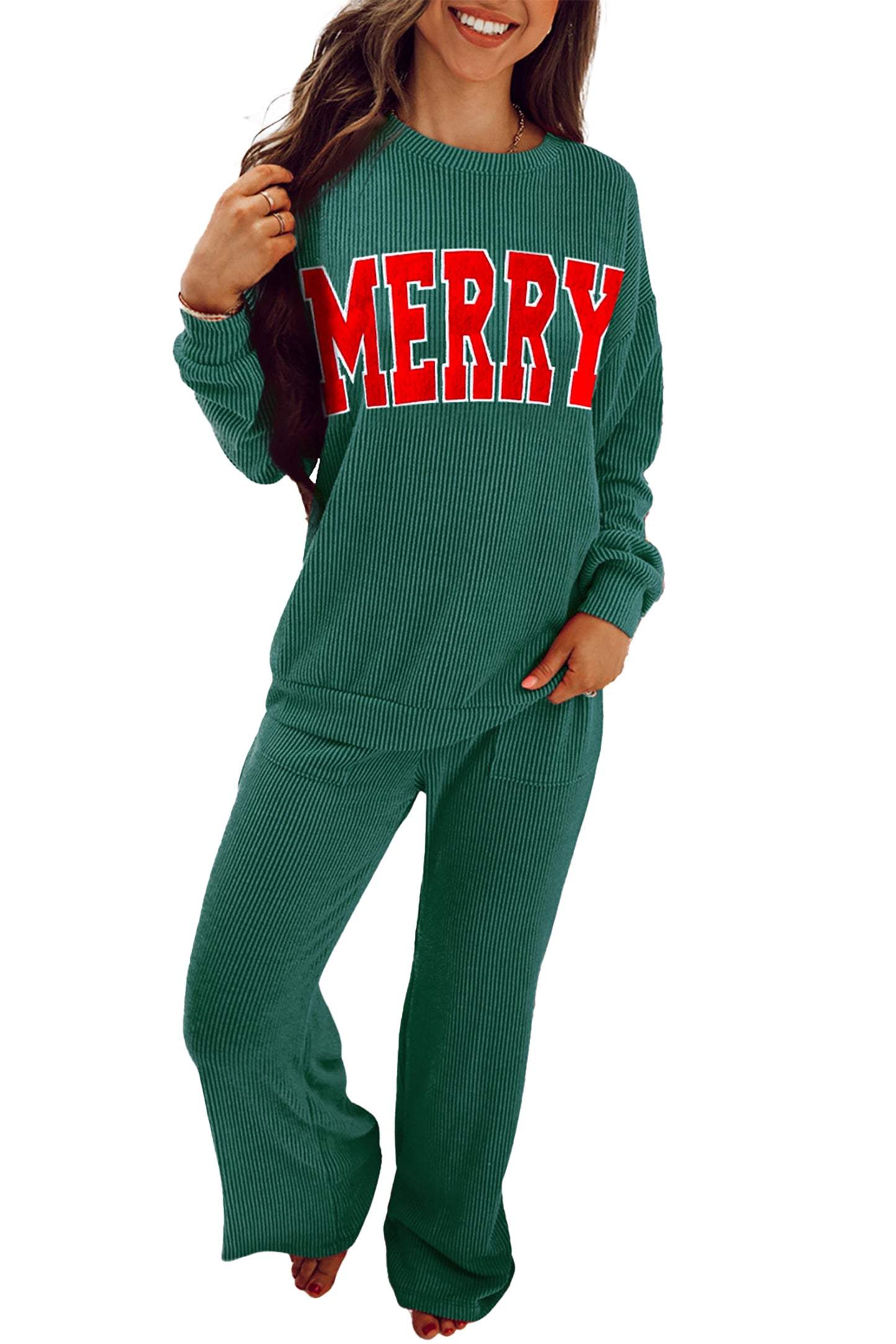 Dark Green MERRY Corded Long Sleeve Top and Pockets Pants Set