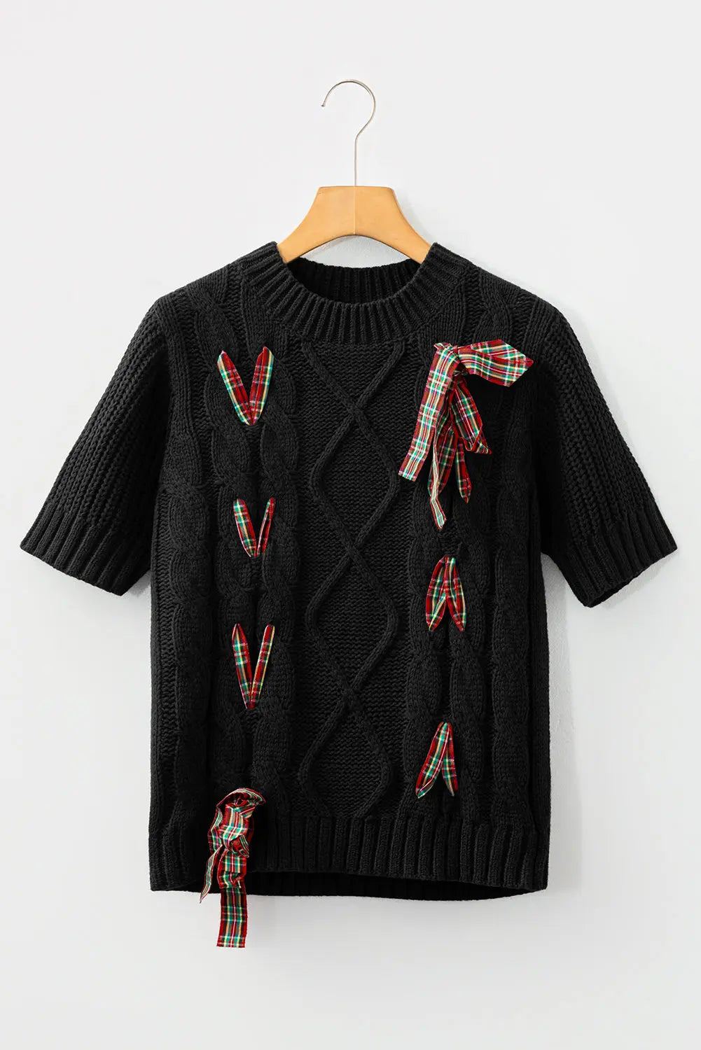 Black Plaid Lace up Detail Christmas Holiday Puff Short Sleeve Sweater Dear-Lover Dropshipping