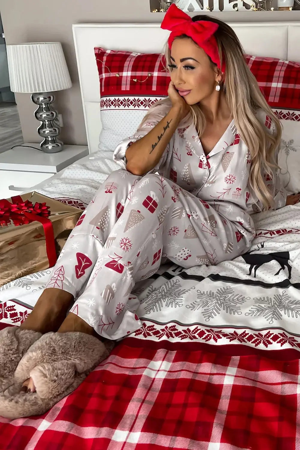 Light Grey Christmas Printed Shirt and Pants Pajama Set Dear-Lover Dropshipping
