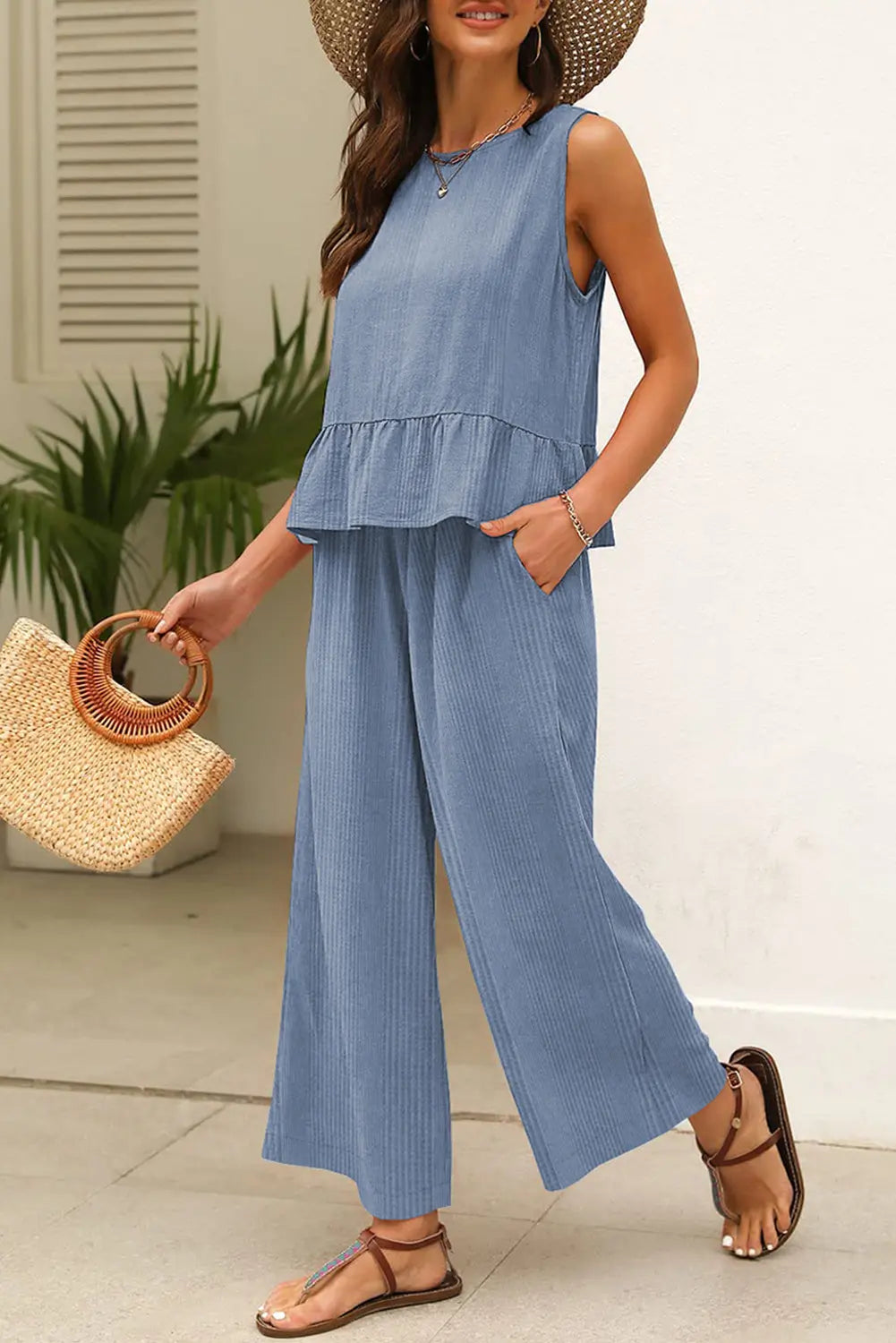 Beau Blue Solid Color Ribbed Ruffle Tank Top and Pants Set Dear-Lover Dropshipping