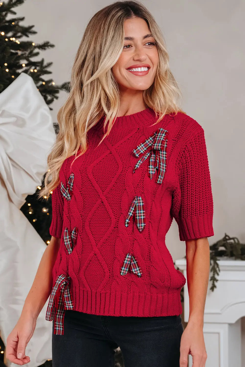 Fiery Red Plaid Lace up Detail Christmas Holiday Puff Short Sleeve Sweater Dear-Lover Dropshipping