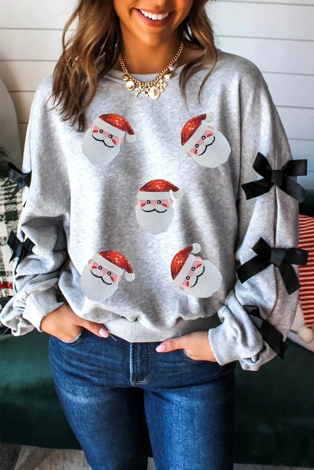 Light Grey Sequin Santa Claus Patched Ribbon Bow Detail Split Sleeve Baggy Sweatshirt Dear-Lover Dropshipping